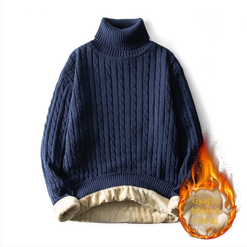 Plusz méretű férfi magas nyakú pulóver fleece béleléssel, vastag kötés, ősz-téli szezonra