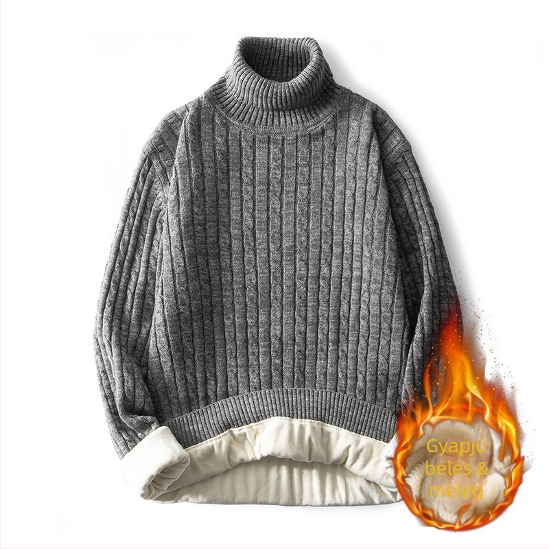 Plusz méretű férfi magas nyakú pulóver fleece béleléssel, vastag kötés, ősz-téli szezonra