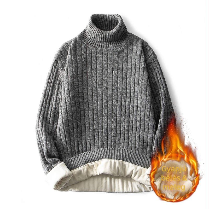 Plusz méretű férfi magas nyakú pulóver fleece béleléssel, vastag kötés, ősz-téli szezonra