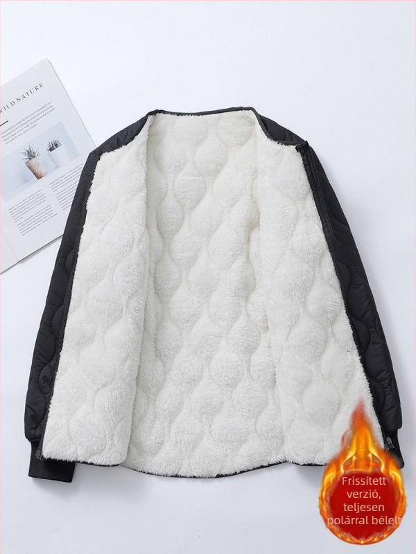Női fleece-béléses vastag pamutkabát, iskolai egyenruha stílusú, lazább szabás, plusz méret, cipzáros