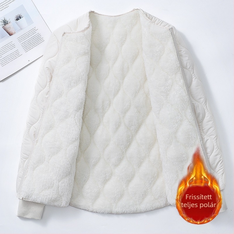 Női fleece-béléses vastag pamutkabát, iskolai egyenruha stílusú, lazább szabás, plusz méret, cipzáros