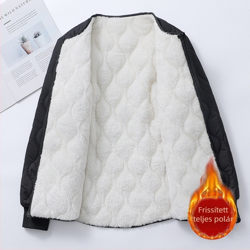 Női fleece-béléses vastag pamutkabát, iskolai egyenruha stílusú, lazább szabás, plusz méret, cipzáros