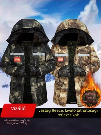 Férfi téli kabát kamufláž mintával, fleece béléssel, levehető kapucnival, vízálló, középhosszú, elülső cipzárral.