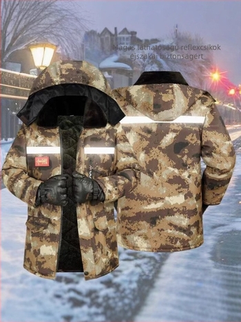 Férfi téli kabát kamufláž mintával, fleece béléssel, levehető kapucnival, vízálló, középhosszú, elülső cipzárral.