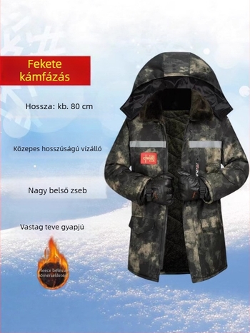 Férfi téli kabát kamufláž mintával, fleece béléssel, levehető kapucnival, vízálló, középhosszú, elülső cipzárral.