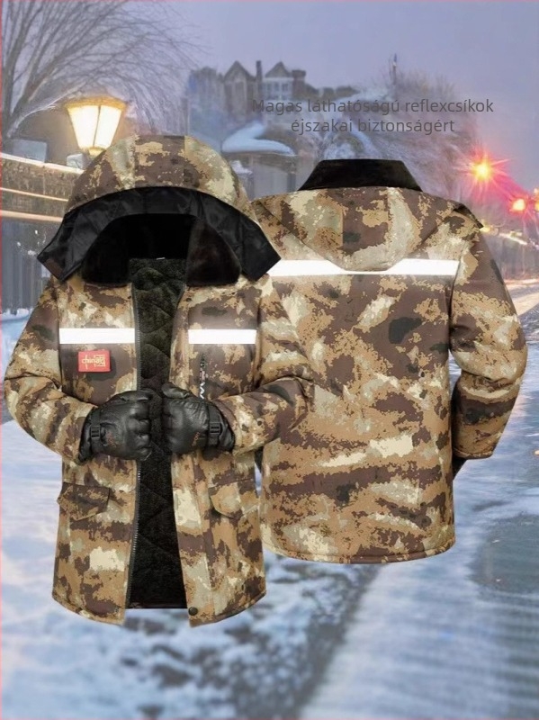 Férfi téli kabát kamufláž mintával, fleece béléssel, levehető kapucnival, vízálló, középhosszú, elülső cipzárral.