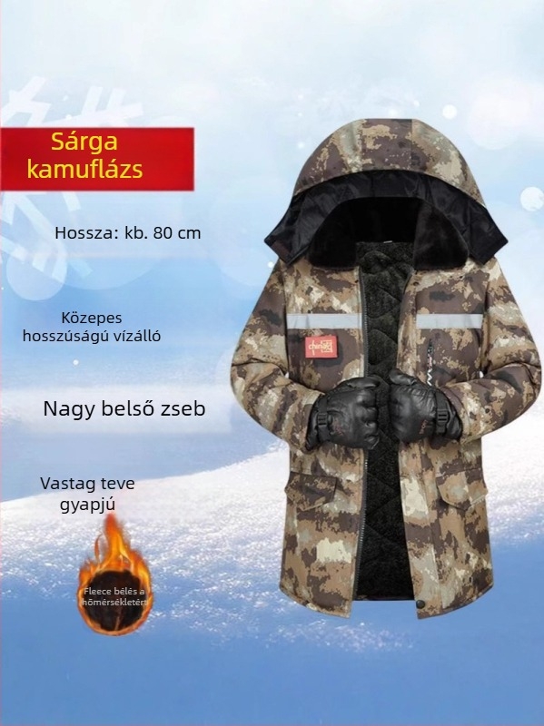 Férfi téli kabát kamufláž mintával, fleece béléssel, levehető kapucnival, vízálló, középhosszú, elülső cipzárral.