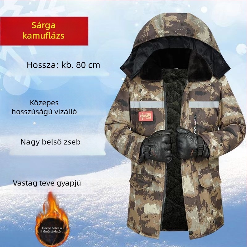 Férfi téli kabát kamufláž mintával, fleece béléssel, levehető kapucnival, vízálló, középhosszú, elülső cipzárral.