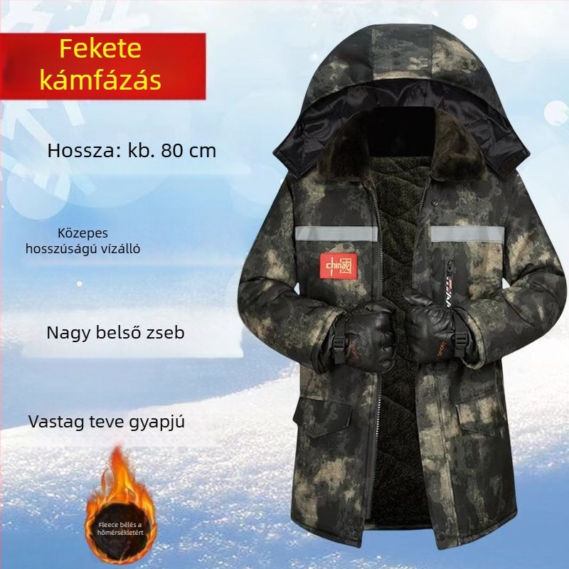 Férfi téli kabát kamufláž mintával, fleece béléssel, levehető kapucnival, vízálló, középhosszú, elülső cipzárral.