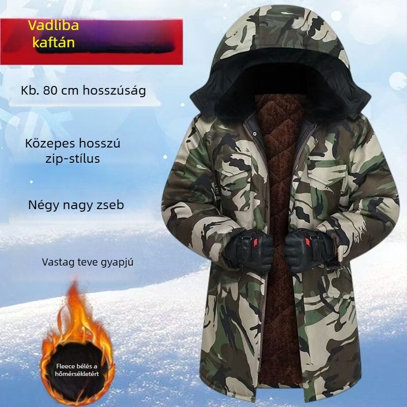 Férfi téli kabát kamufláž mintával, fleece béléssel, levehető kapucnival, vízálló, középhosszú, elülső cipzárral.