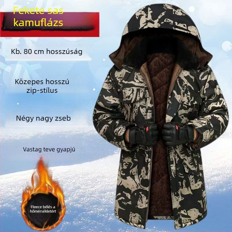 Férfi téli kabát kamufláž mintával, fleece béléssel, levehető kapucnival, vízálló, középhosszú, elülső cipzárral.