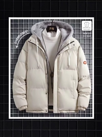 Férfi vastag pamutkabát, koreai stílusú kardigán, laza szabású, cipzár elöl, kapucni, poliészter töltet