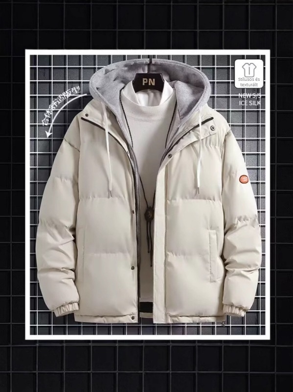 Férfi vastag pamutkabát, koreai stílusú kardigán, laza szabású, cipzár elöl, kapucni, poliészter töltet