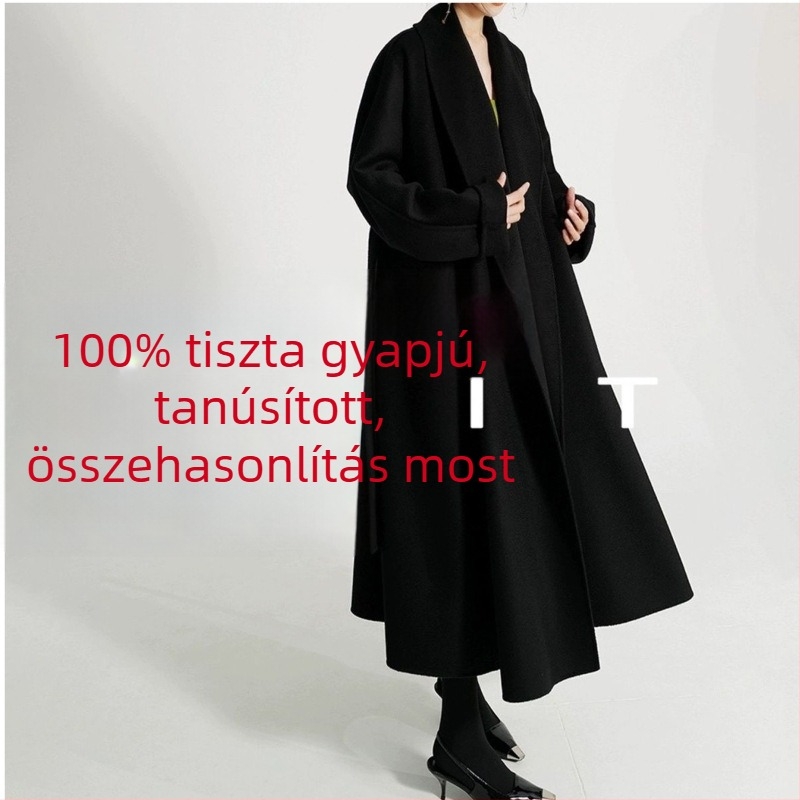 Női hosszú reverszibil gyapjú-kasmír kabát, galléros, laza szabás, 95% feletti gyapjú