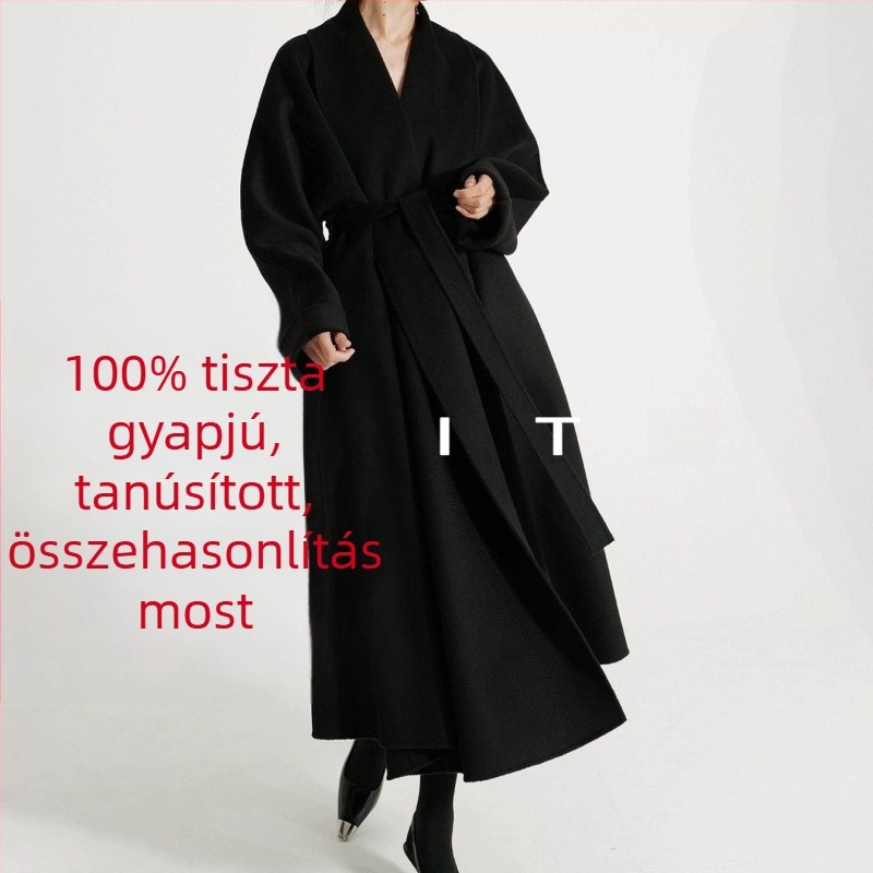 Női hosszú reverszibil gyapjú-kasmír kabát, galléros, laza szabás, 95% feletti gyapjú
