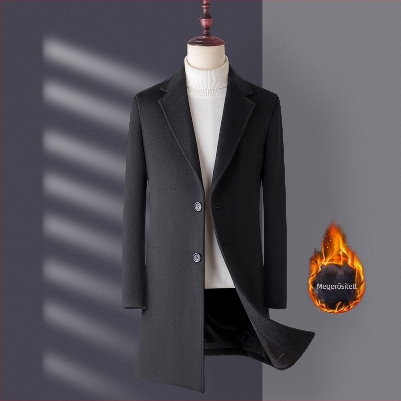 Férfi gyapjúkabát középhosszú, üzleti stílus, slim fit, fő anyag: gyapjú 30–50%