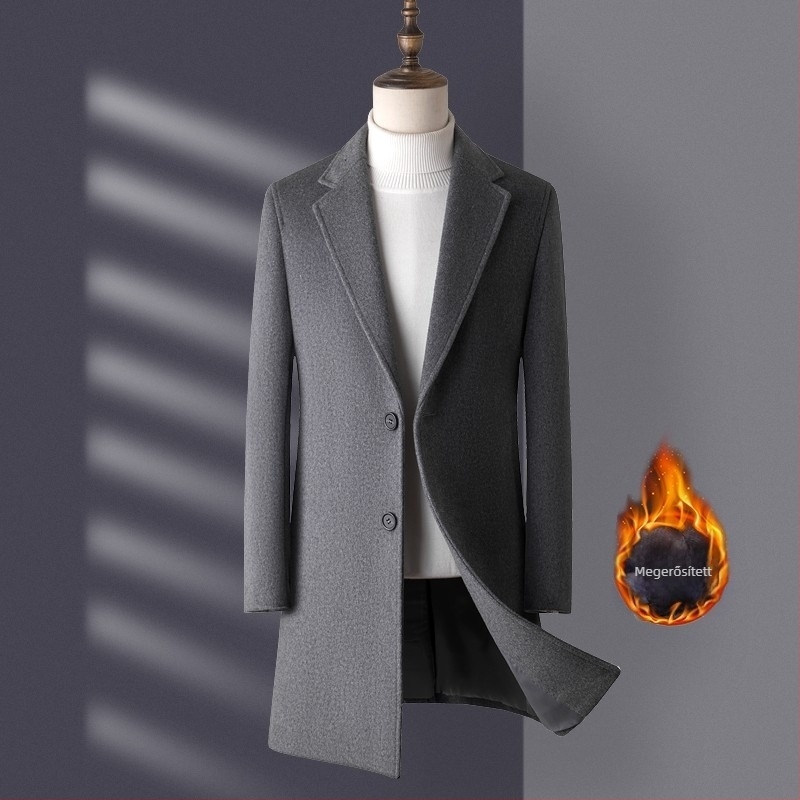 Férfi gyapjúkabát középhosszú, üzleti stílus, slim fit, fő anyag: gyapjú 30–50%