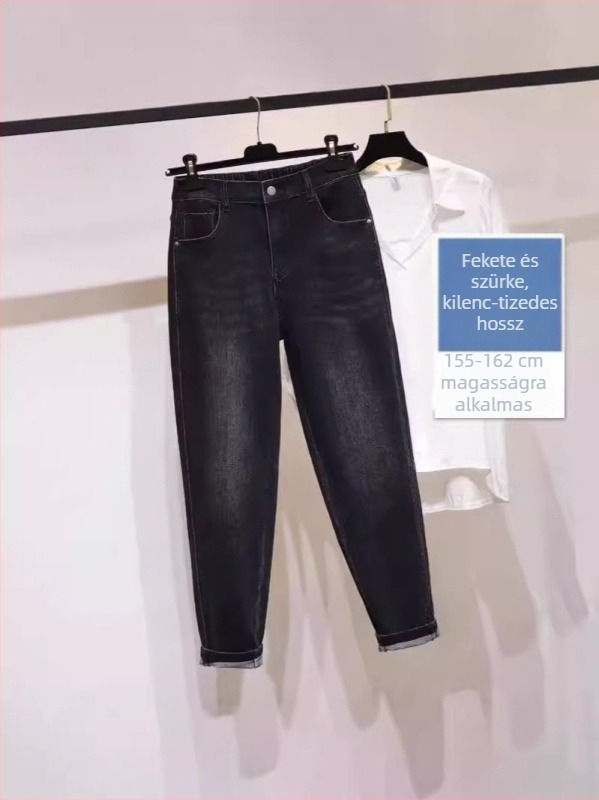 Plusz méretű női farmernadrág, magas derék, laza szabás, körte alkatra, lélegző denim, harém stílus, tavasz-ősz