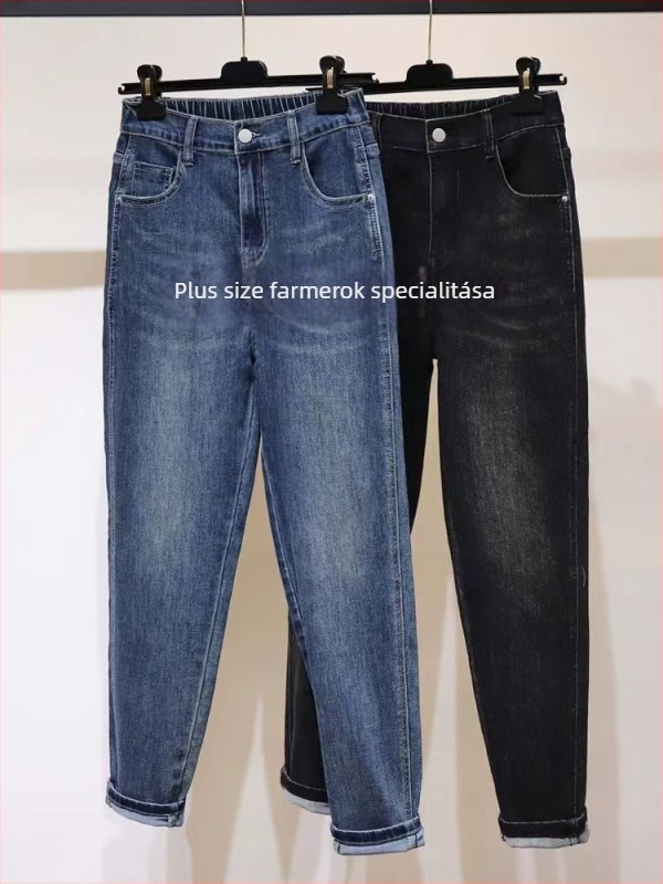 Plusz méretű női farmernadrág, magas derék, laza szabás, körte alkatra, lélegző denim, harém stílus, tavasz-ősz