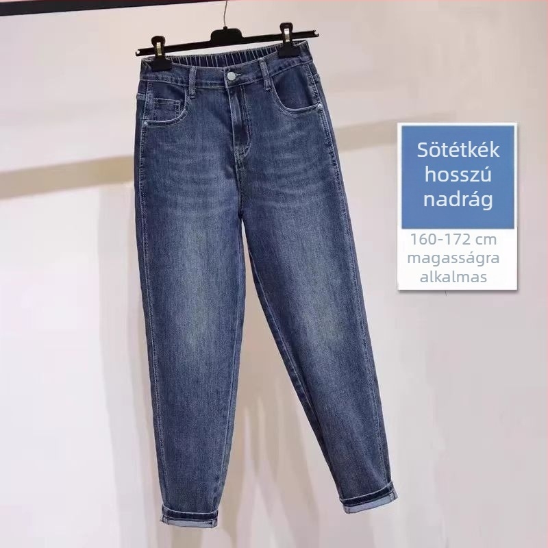 Plusz méretű női farmernadrág, magas derék, laza szabás, körte alkatra, lélegző denim, harém stílus, tavasz-ősz