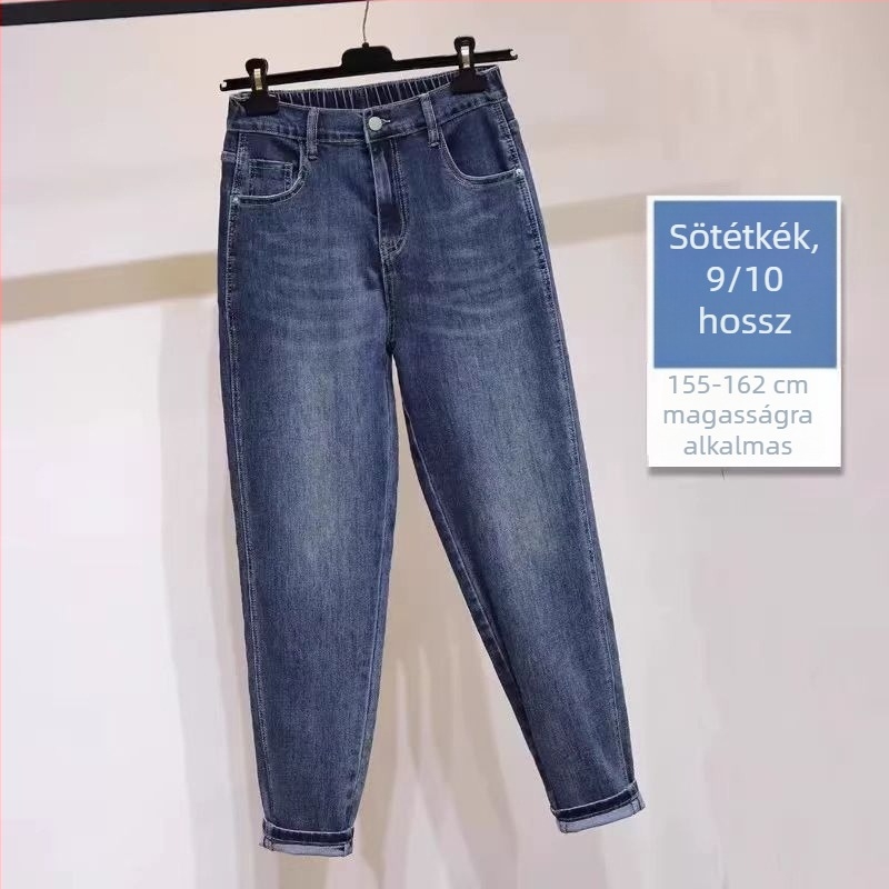 Plusz méretű női farmernadrág, magas derék, laza szabás, körte alkatra, lélegző denim, harém stílus, tavasz-ősz