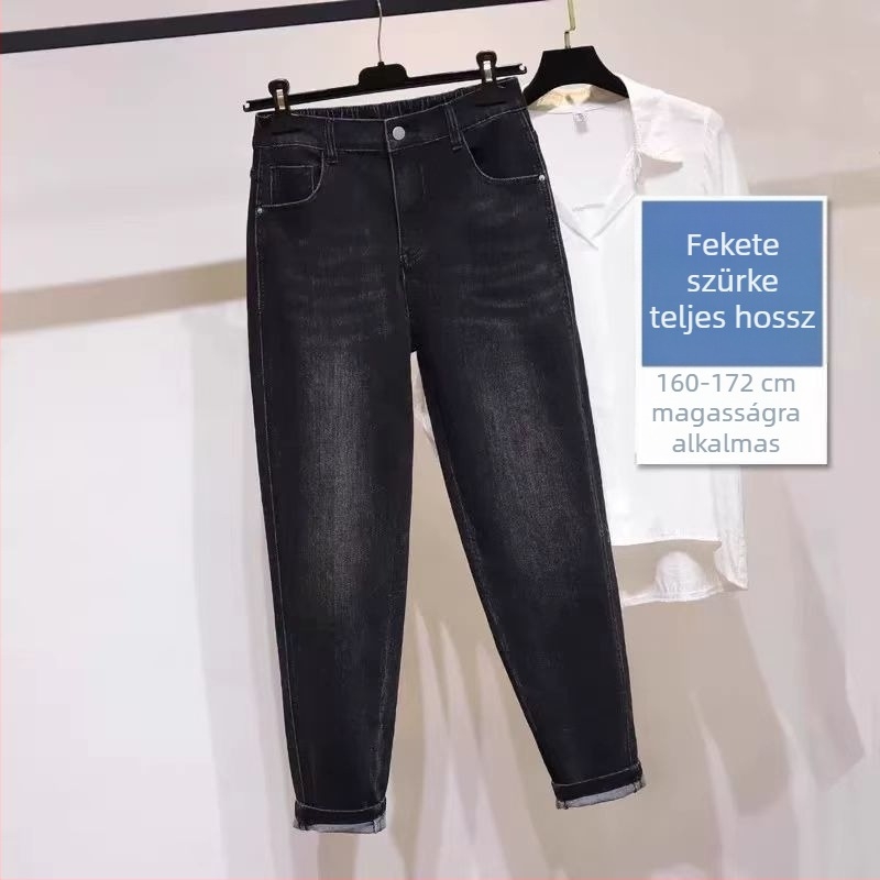Plusz méretű női farmernadrág, magas derék, laza szabás, körte alkatra, lélegző denim, harém stílus, tavasz-ősz