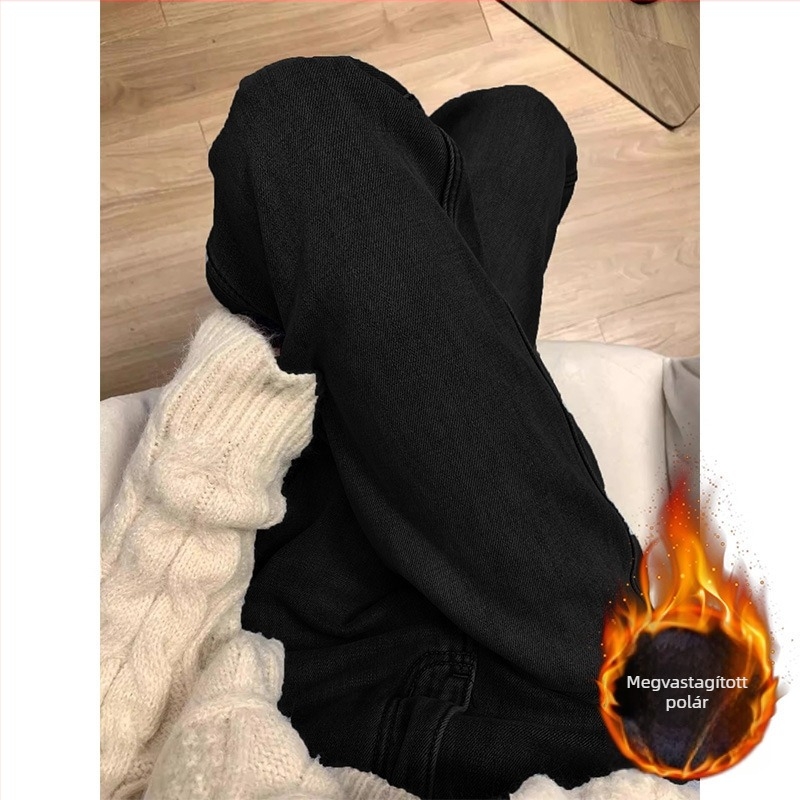 Női fleece-béléssel vastag farmernadrág, egyenes szárú, magas derekú, téli meleg, plusz méret