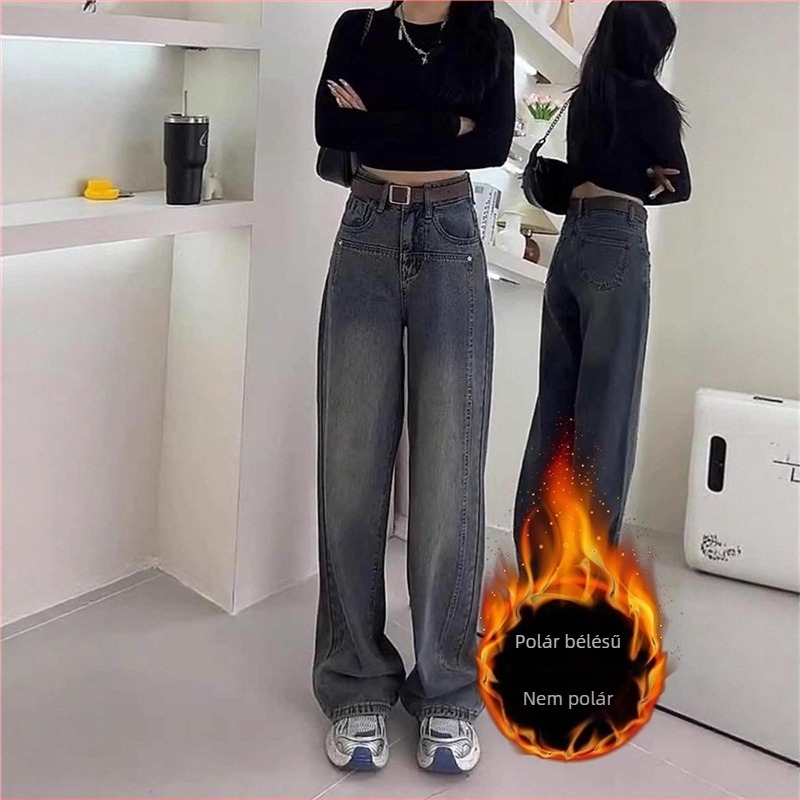 Női farmer denim fleece béléssel, vastagított, plusz méret, cement szürke, paneles dizájn, magas derék, egyenes szár, padlóig érő, őszi-téli