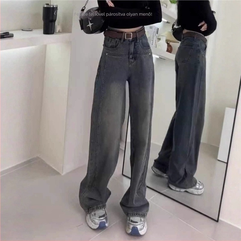 Női farmer denim fleece béléssel, vastagított, plusz méret, cement szürke, paneles dizájn, magas derék, egyenes szár, padlóig érő, őszi-téli
