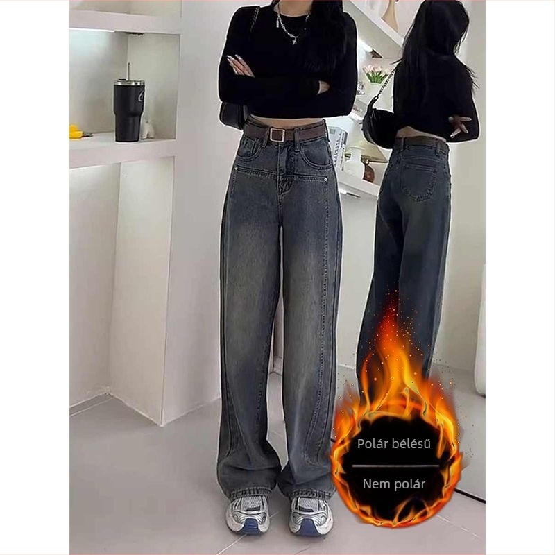 Női farmer denim fleece béléssel, vastagított, plusz méret, cement szürke, paneles dizájn, magas derék, egyenes szár, padlóig érő, őszi-téli