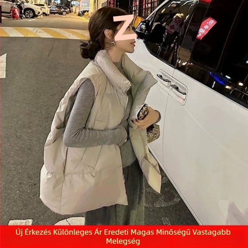 Női pehelyes mellény, vastag dizájn, álló gallér, ultra rövid hossz, fehér kacsapelyhes töltet 81–85%