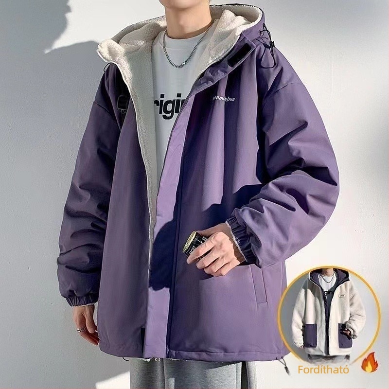 Férfi vinilonból készült kapucnis kabát fleece-béléssel, cipzárral, lazított szabás, oldalsó zsebek