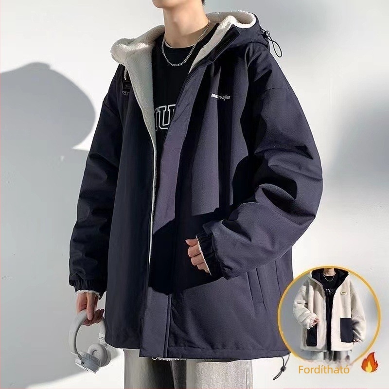 Férfi vinilonból készült kapucnis kabát fleece-béléssel, cipzárral, lazított szabás, oldalsó zsebek