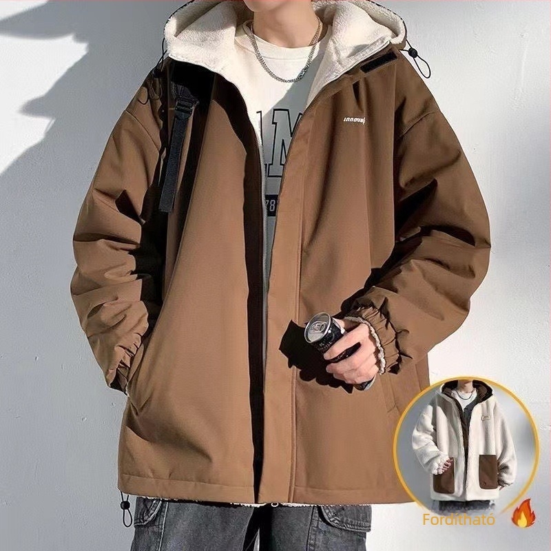 Férfi vinilonból készült kapucnis kabát fleece-béléssel, cipzárral, lazított szabás, oldalsó zsebek