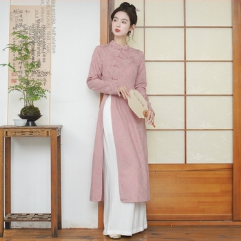 Női hosszú ujjú jacquard pamut ruha, cheongsam-hatás, 2024 ősz, pamut tartalom 30–50%