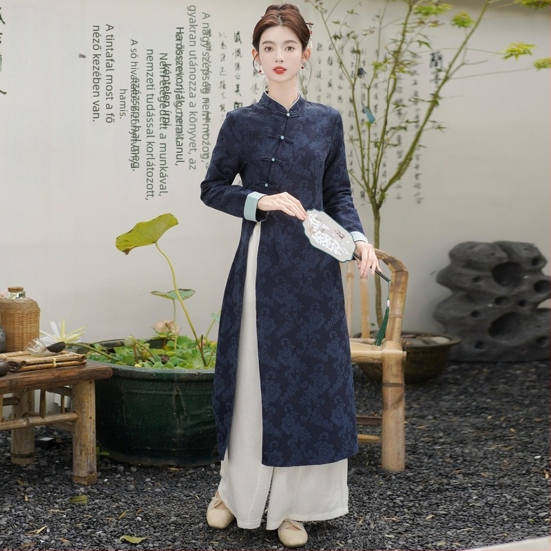 Női hosszú ujjú jacquard pamut ruha, cheongsam-hatás, 2024 ősz, pamut tartalom 30–50%