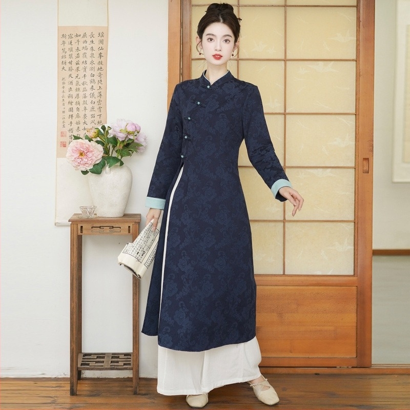 Női hosszú ujjú jacquard pamut ruha, cheongsam-hatás, 2024 ősz, pamut tartalom 30–50%
