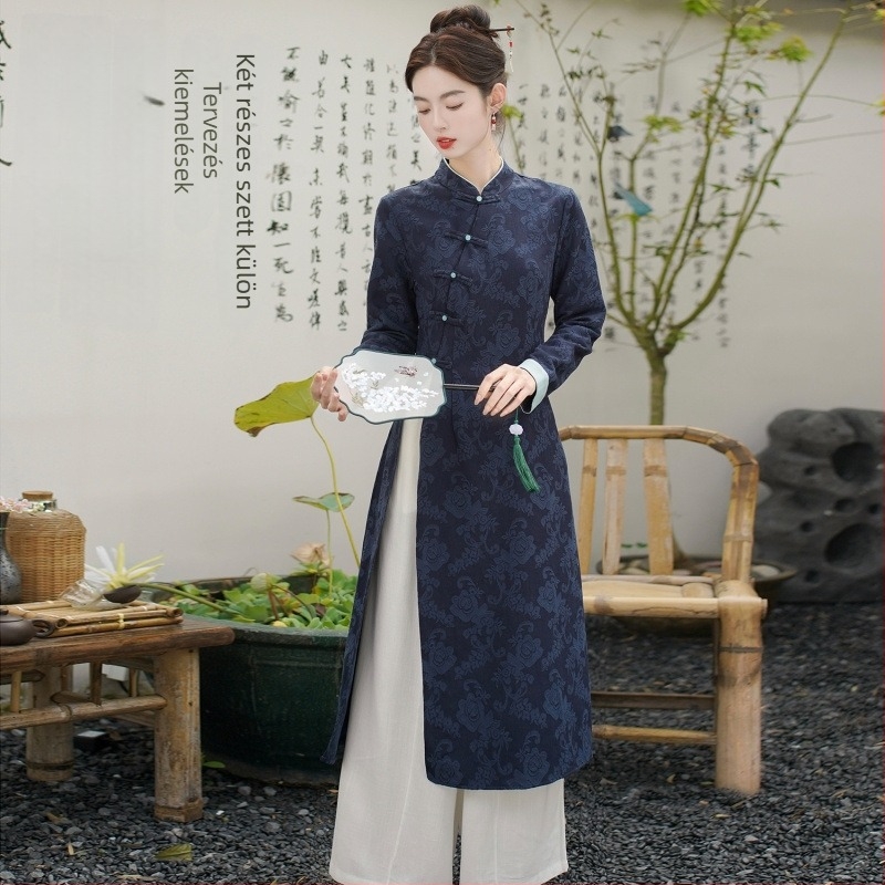 Női hosszú ujjú jacquard pamut ruha, cheongsam-hatás, 2024 ősz, pamut tartalom 30–50%