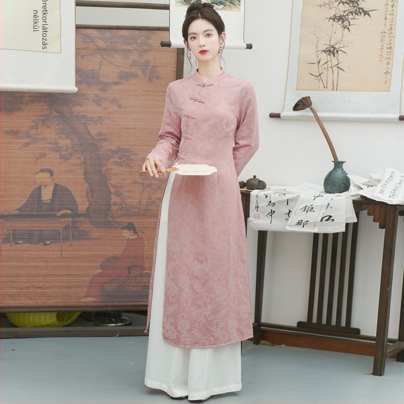 Női hosszú ujjú jacquard pamut ruha, cheongsam-hatás, 2024 ősz, pamut tartalom 30–50%