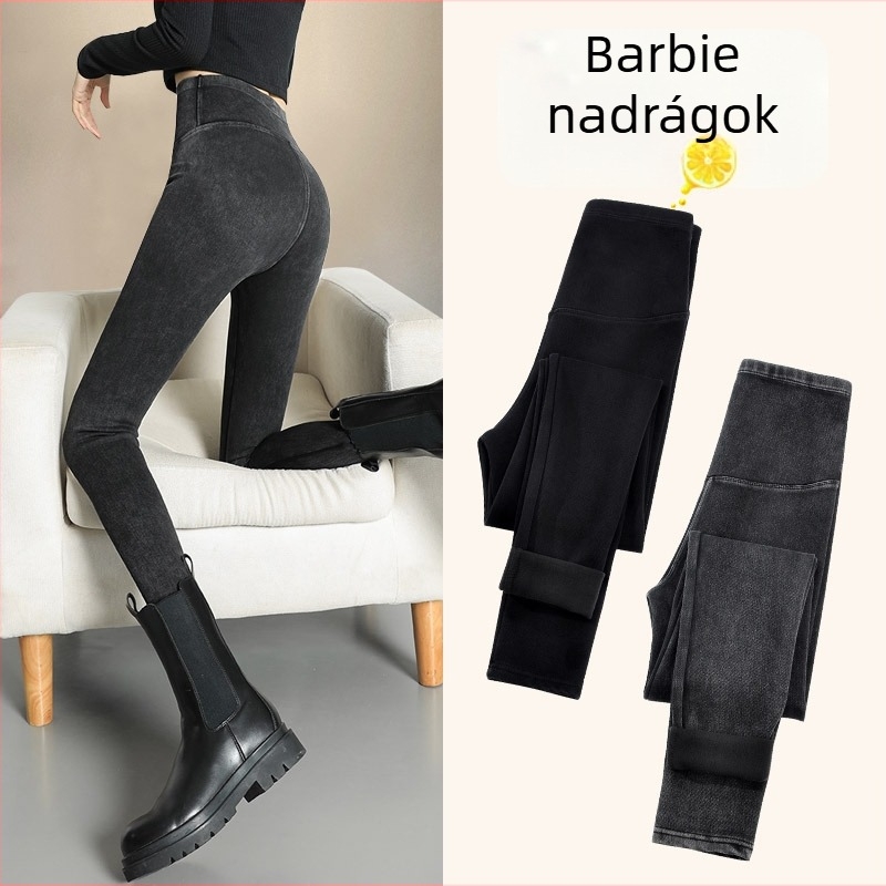 Női denim leggings Barbie belső béléssel, magas derék, karcsúsító hatás, formázza a hasat és emeli a csípőt, szoros jóga ceruza nadrág őszre– télre