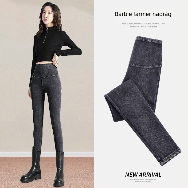 Női denim leggings Barbie belső béléssel, magas derék, karcsúsító hatás, formázza a hasat és emeli a csípőt, szoros jóga ceruza nadrág őszre– télre