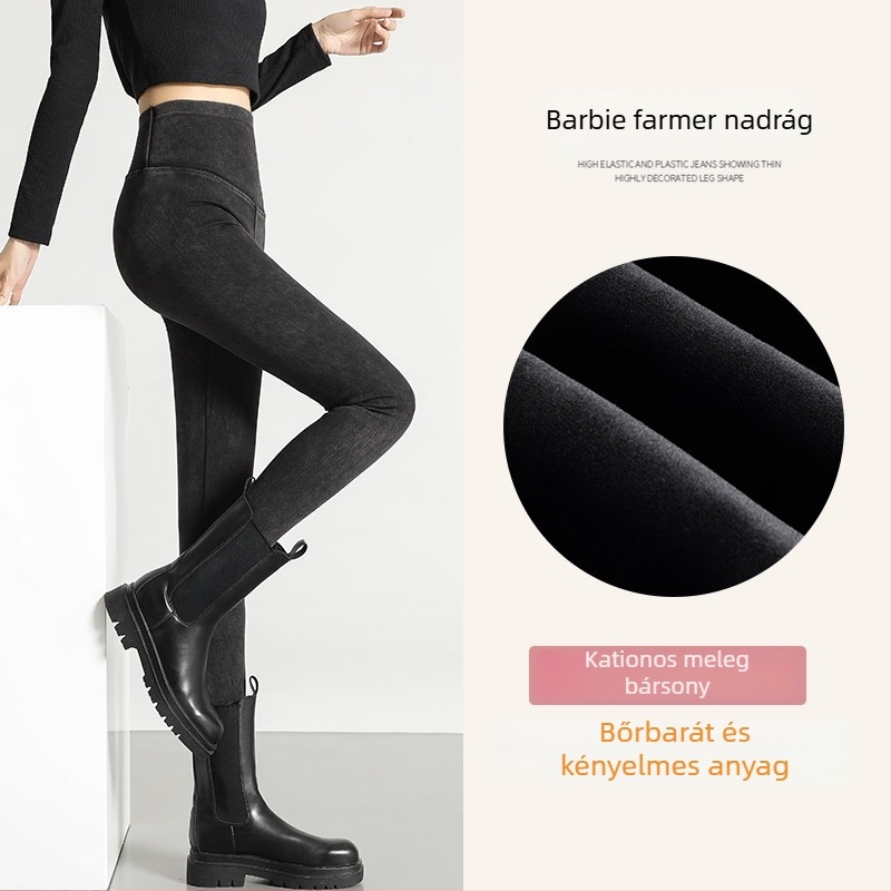 Női denim leggings Barbie belső béléssel, magas derék, karcsúsító hatás, formázza a hasat és emeli a csípőt, szoros jóga ceruza nadrág őszre– télre