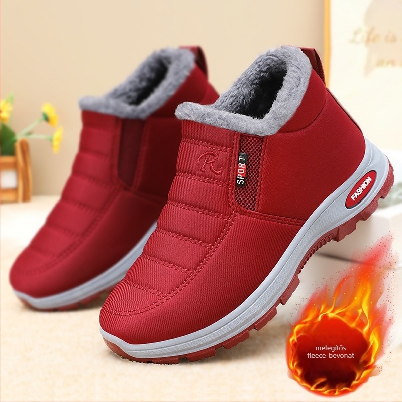 Női pamut csizmák fleece béléssel, felső rész bőr, Goodyear gumi talp, kerek orr, középmagas sarka 3–5 cm