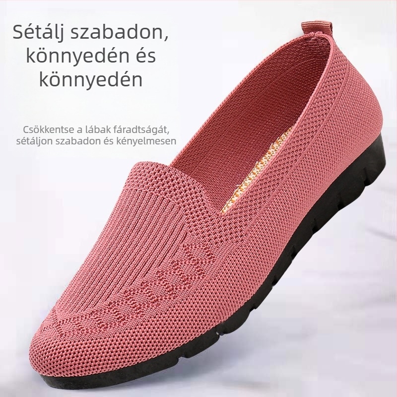 Női légáteresztő hálós slip-on cipő gumírozott talppal, lapos sarok, sekély nyílás, textil belsővel — nyárra
