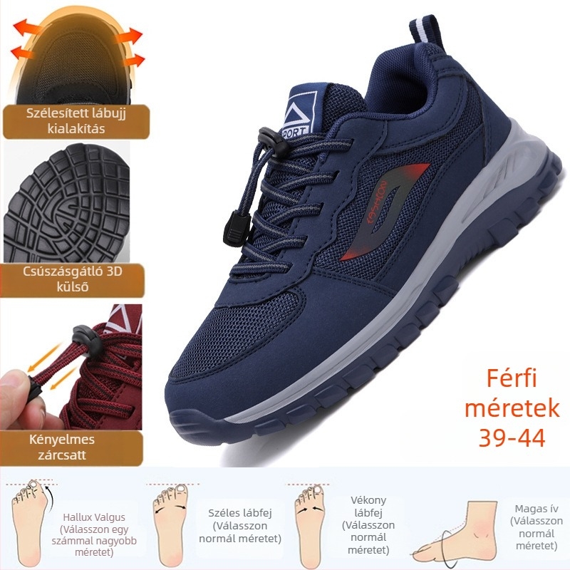 Uniszex sétálócipő idős embereknek, hálós felsőrész, csúszásmentes talp, kerek orr, alacsony sarok 1–3 cm, elasztikus pánt, tavaszhoz