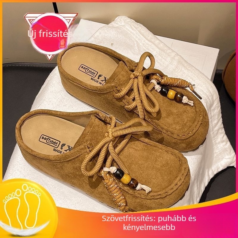 Női Birkenstock-stílusú zárt orrú slip-on papucs, vastag talppal a magasság növeléséért (felső rész: szarvasmarha velúr bőr; talp: EVA; talp vastagsága: 0–3 cm; sarok stílus: sík)