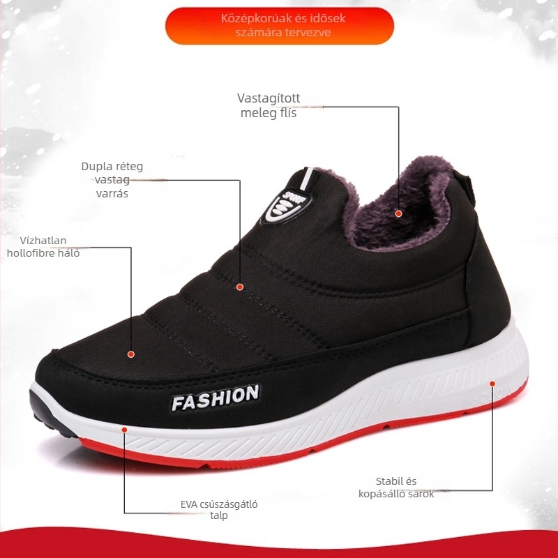 Téli slip-on cipő időseknek, meleg műszőr belsővel, textil felsőrész, PVC talp, uniszex