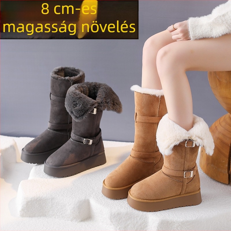 Női téli hócsizma, magas szárú, 8 cm-es magasságnövelés, vastag talp, fleece-belés