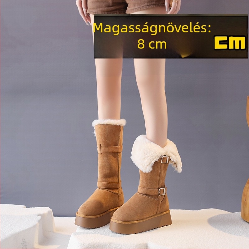 Női téli hócsizma, magas szárú, 8 cm-es magasságnövelés, vastag talp, fleece-belés