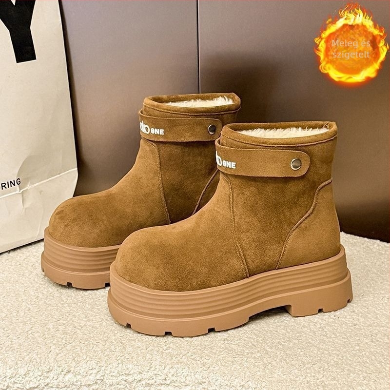 Téli bakancs nubuk felsőrész, gumírozott talppal, rövid szár, 1–3 cm sarkú, belső talp műszálas fleece